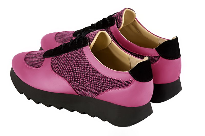 Fuschia pink and matt black women's two-tone elegant sneakers. Round toe. Low rubber soles. Rear view - Florence KOOIJMAN